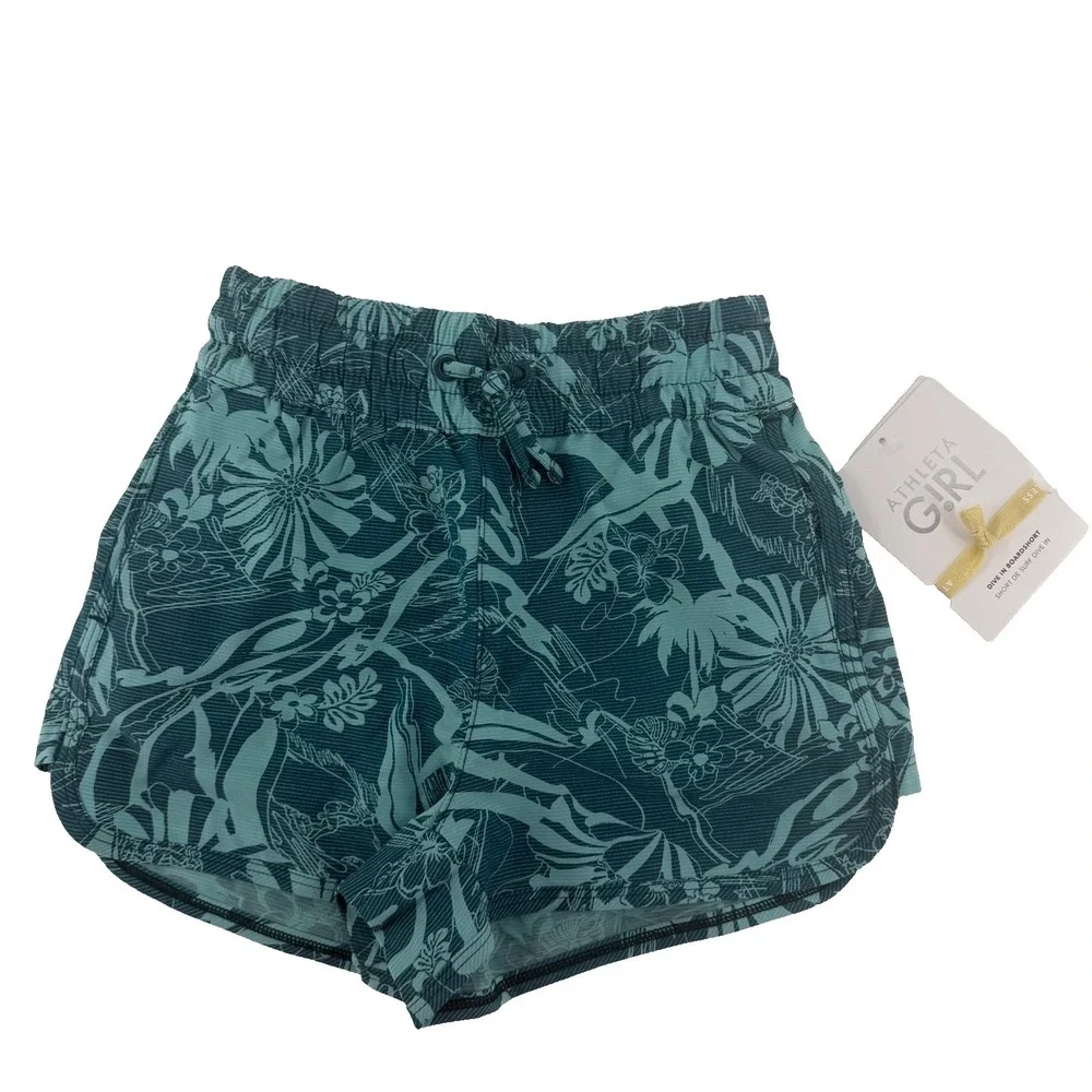 Athleta Girl Dive In Boardshort Floral Print Swim Shorts Teal XS/6 NWT UPF